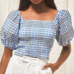 Lulus Delightful Disposition Blue Plaid Smocked Puff Sleeve Crop Top Size Medium